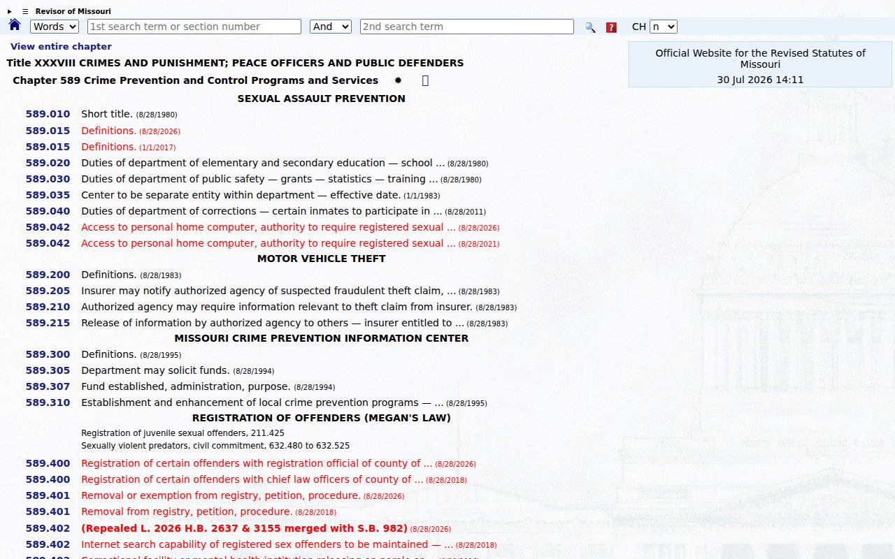 Monroe County sex offender check source showing Missouri registration statutes