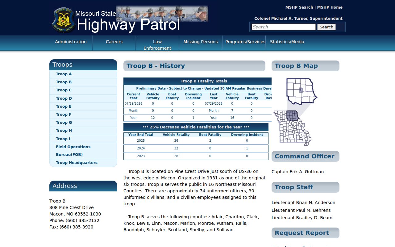 MSHP Troop B contact source for Paris criminal reports in Monroe County
