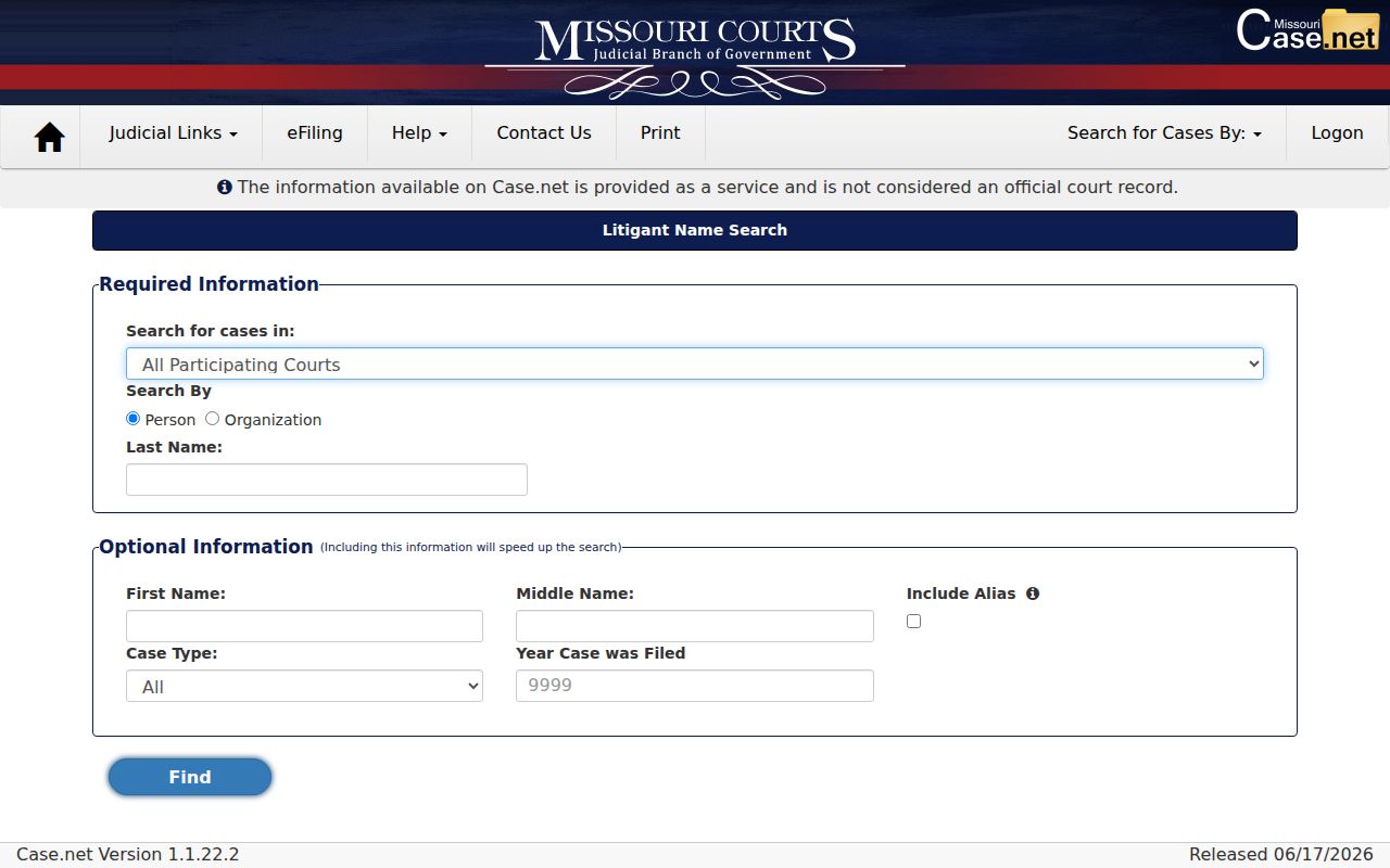 Monroe County criminal court case litigant-name search fields in Missouri Case.net